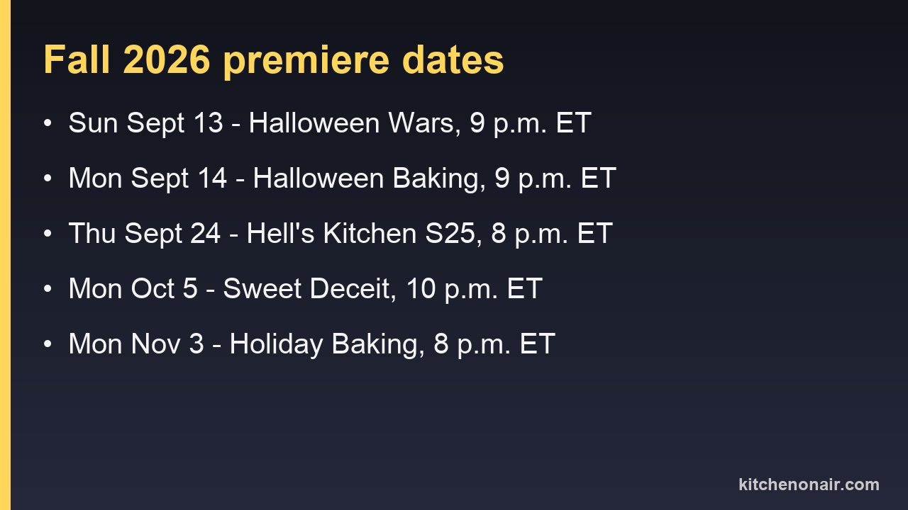 Fall 2026 cooking competition premiere dates: Halloween Wars Sept 13, Halloween Baking Sept 14, Hell's Kitchen Sept 24, Sweet Deceit Oct 5, Holiday Baking Nov 3