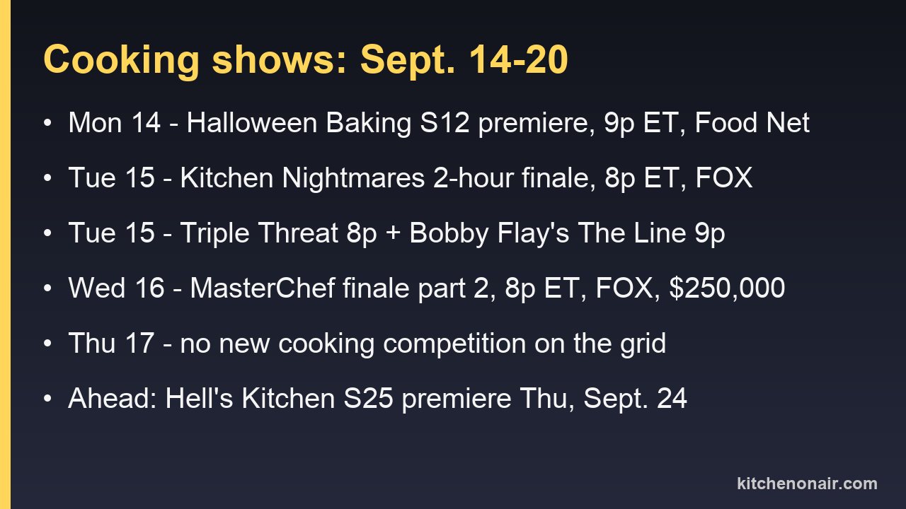 Card listing the cooking competition schedule for Sept. 14 to 20, 2026