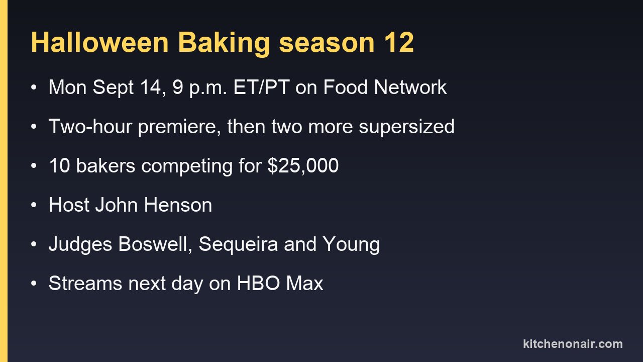 Halloween Baking Championship season 12: premieres Sept 14 at 9pm ET, 10 bakers, $25,000, host John Henson, judges Boswell Sequeira Young, streams next day on HBO Max