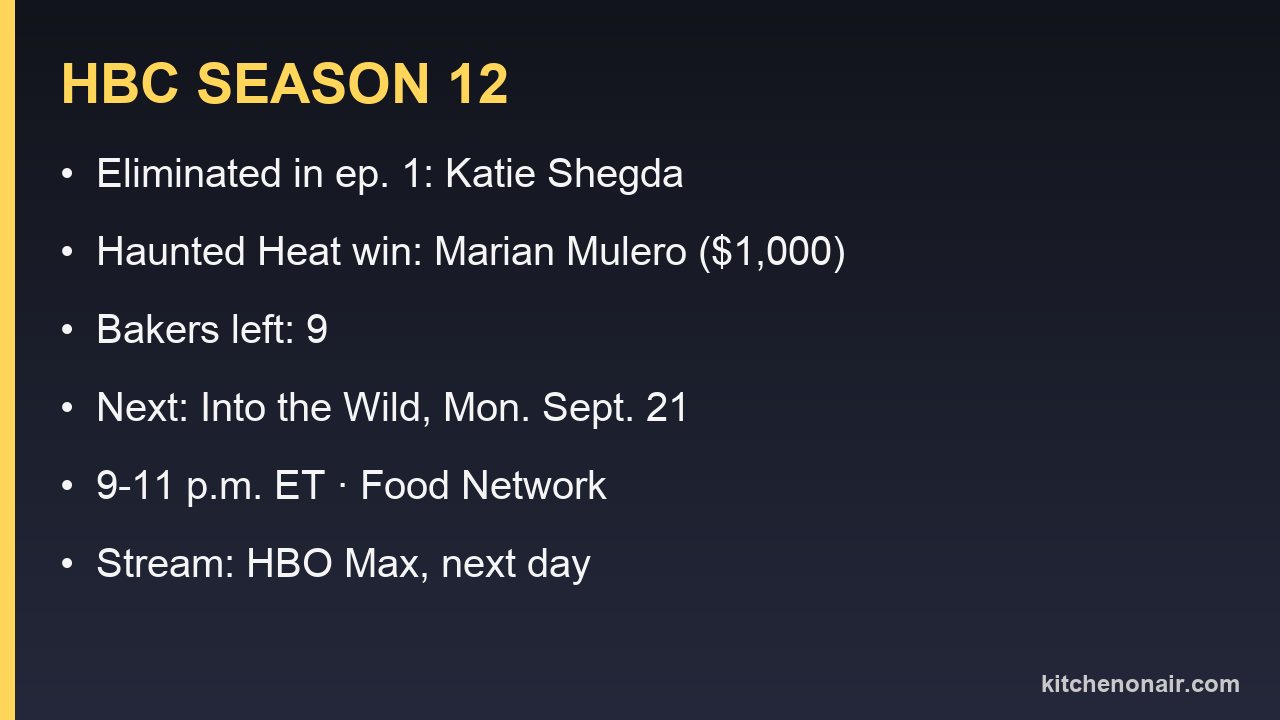 Halloween Baking Championship season 12: Katie Shegda eliminated in episode 1, Marian Mulero won the $1,000 Haunted Heat, nine bakers left, next episode Into the Wild Monday Sept 21 from 9 to 11 p.m. ET on Food Network