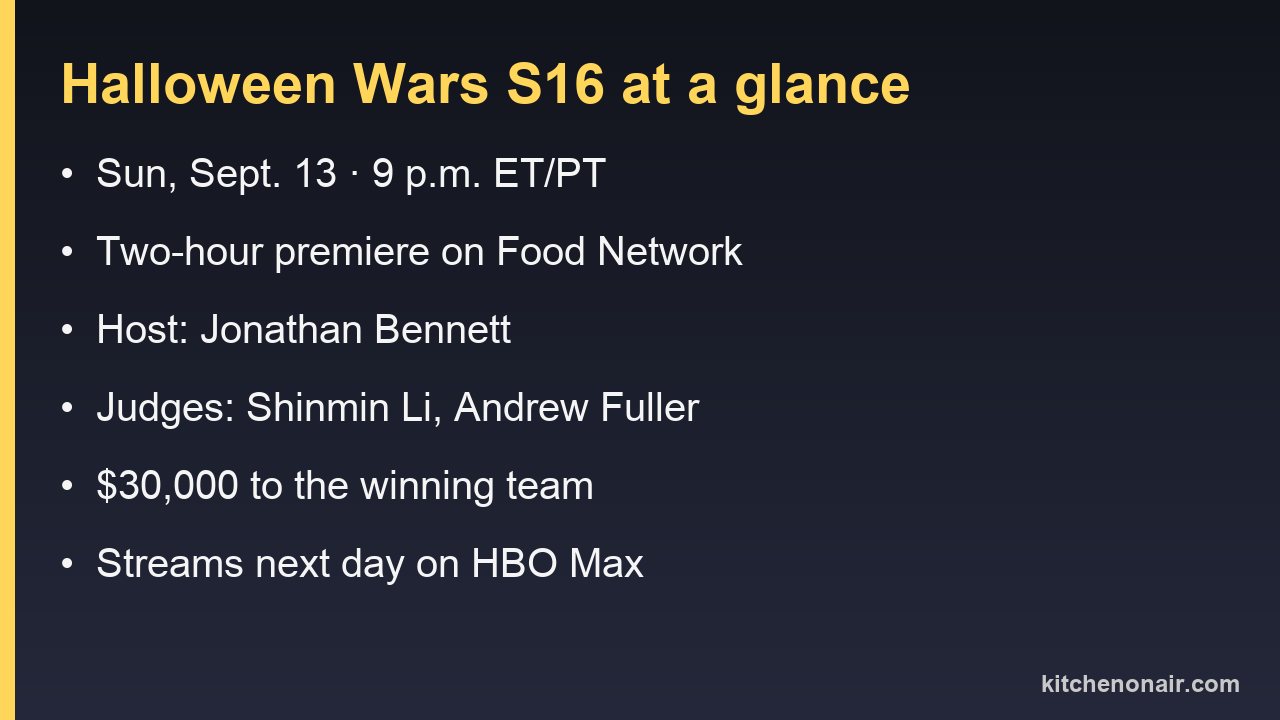 Card listing Halloween Wars season 16 premiere date, time, host, judges and prize