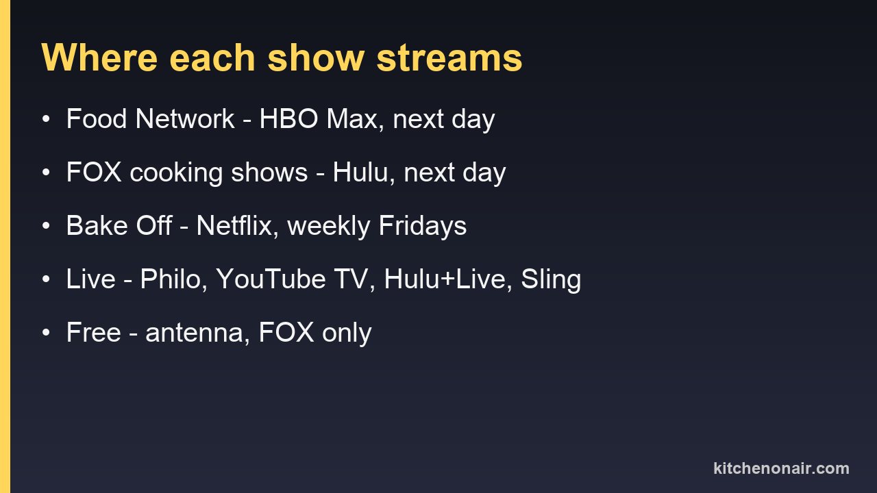 Where cooking competitions stream: Food Network next day on HBO Max, FOX next day on Hulu, Bake Off weekly on Netflix
