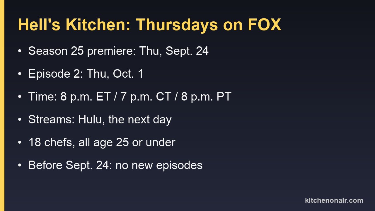 Hell's Kitchen Thursdays on FOX: season 25 premiere Sept. 24, episode 2 Oct. 1, 8 p.m. ET, streams next day on Hulu, 18 chefs age 25 or under