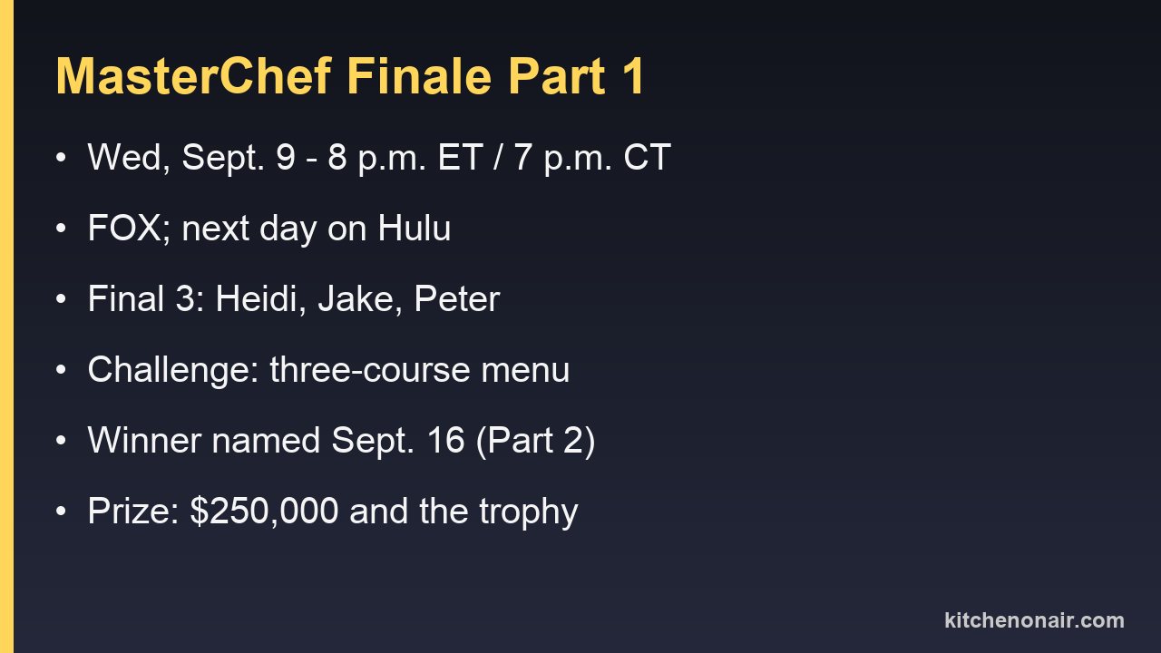 Card listing MasterChef Finale Part 1 air time, channel, finalists and prize