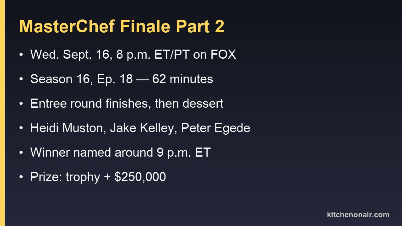 Card listing the MasterChef finale time, episode number, remaining courses, finalists and prize