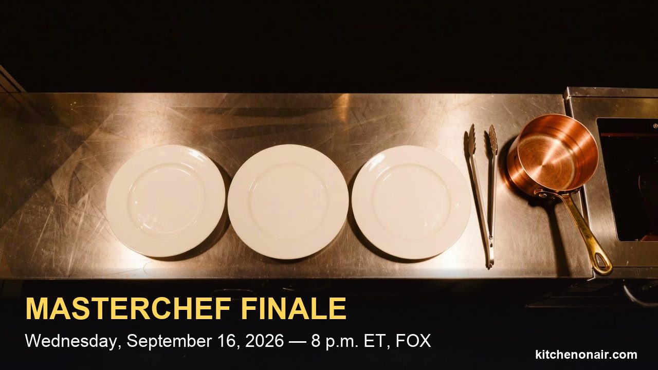 Three empty white plates lined up on a stainless steel competition kitchen counter under warm overhead light