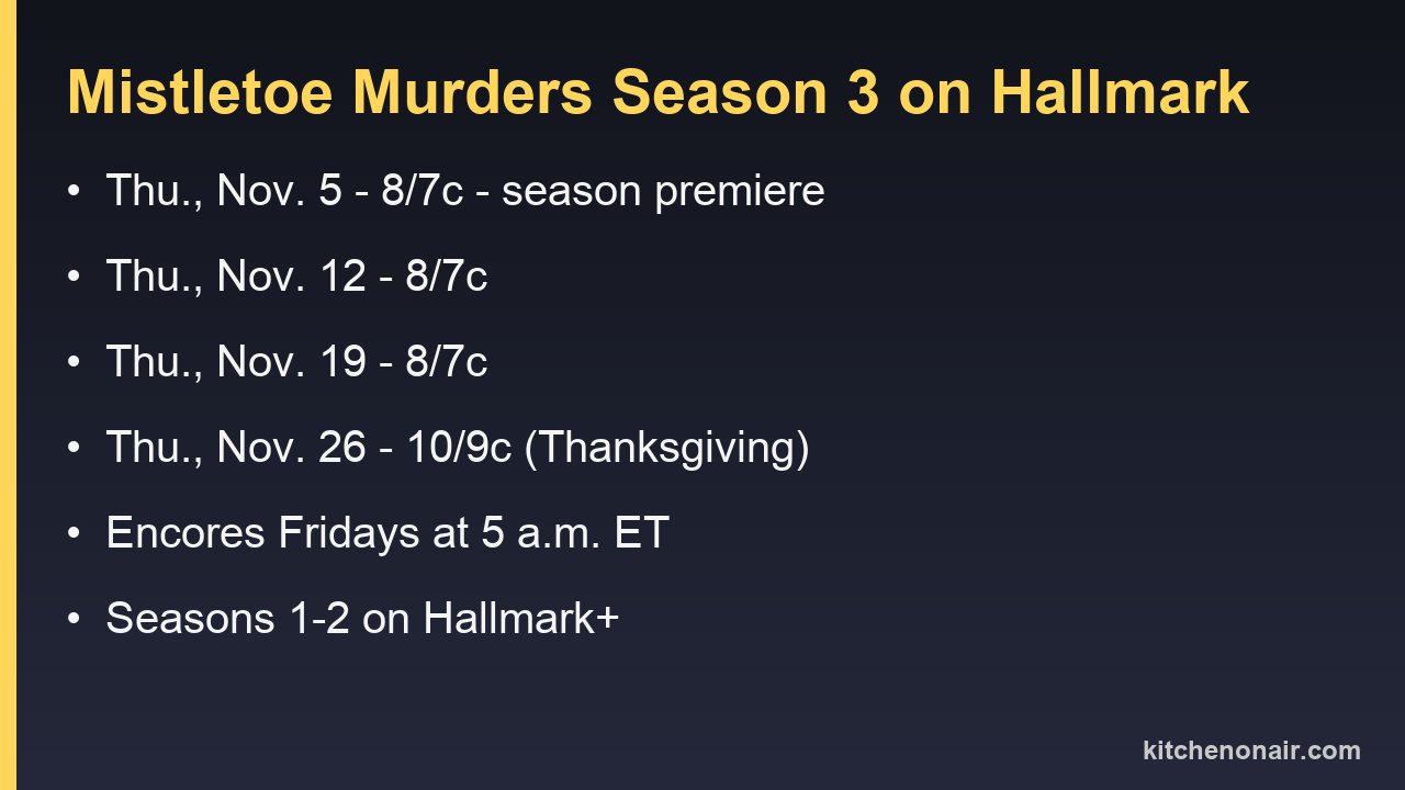 Mistletoe Murders season 3 air times on Hallmark Channel in November