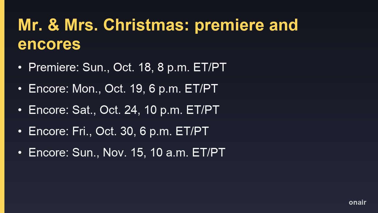 Premiere and encore times for Mr. & Mrs. Christmas