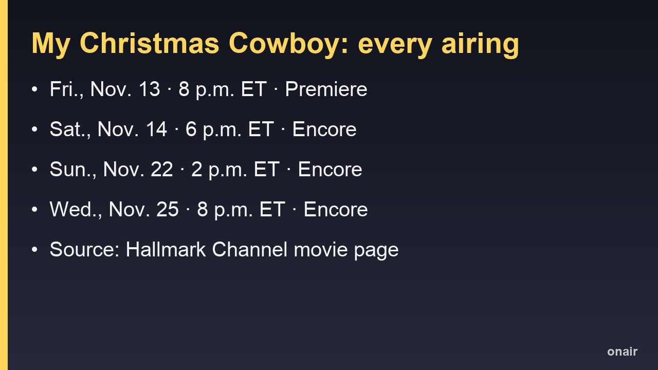 Premiere and encore times for My Christmas Cowboy on Hallmark Channel